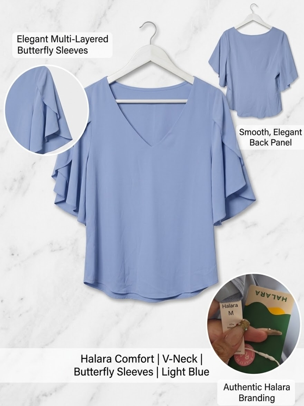 HALARA Light Blue V-Neck Blouse with Layered Butterfly Sleeves